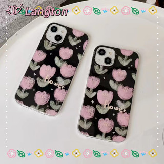 🌈Langton🌸ป้องกันการหล่น ขอบเต็ม iphone 11 14 pro max เส้นขอบโปร่งใส ดอกไม้ ดอกทิวลิป สีชมพู case for iPhone 12 13