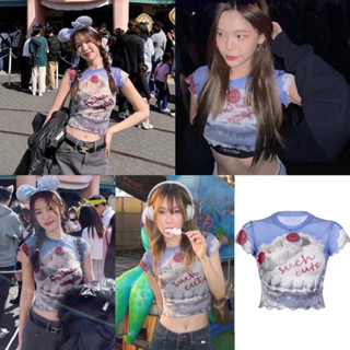 BY IRA Cupcake Tulle crop top Y2k เสื้อยืดแขนสั้น(แค่เสื้อ)ผ้าโปร่ง พิมพ์ลายหยินเต๋าสุดเก๋ แมทช์ง่ายไอเท็มต้องมี!!!