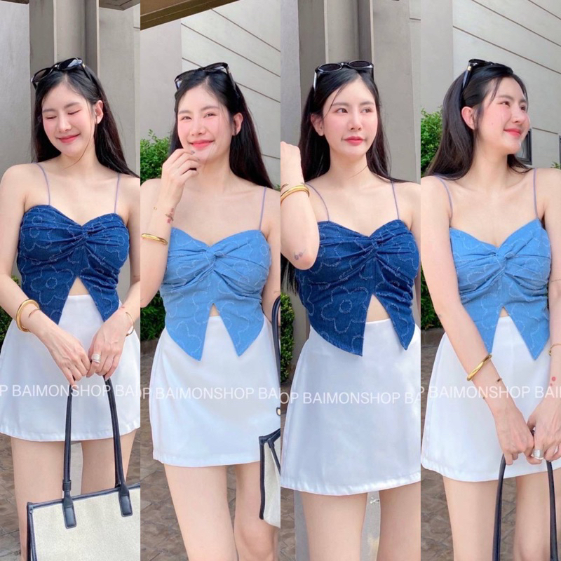 aimorn_shop เสื้อสายเดี่ยวสายสปาเก็ตตี้ ผ้ายีนส์ ด้านหลังเป็นสม็อคน้าา ฮิตที่สุดในตอนนี้