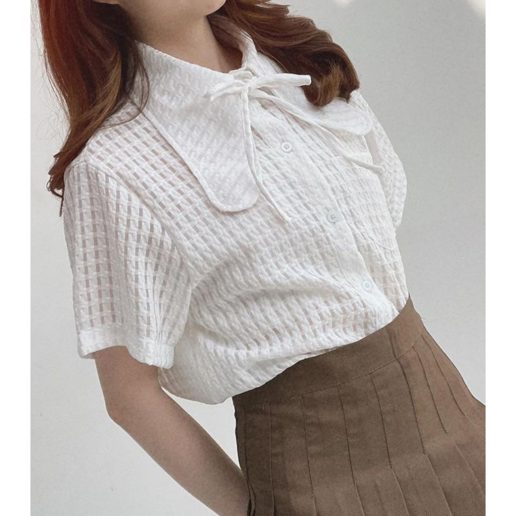 DL8✨Weaving SUNNY BOY SHIRT #dressylismm เสื้อเชิ้ตปกยาว มีดีเทลผูกที่คอ