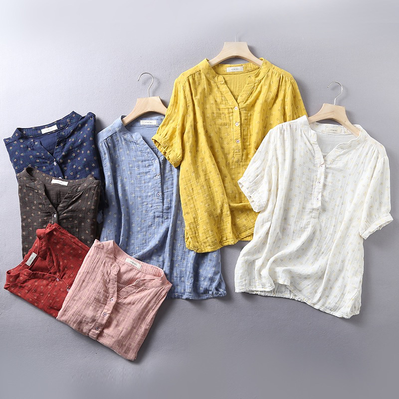 เสื้อสไตล์ญี่ปุ่น คอวี แขนสั้น 46” ผ้าสาลู 2 ชั้น ลายดอกหญ้า สไตล์เกาหลี HerbieStyle