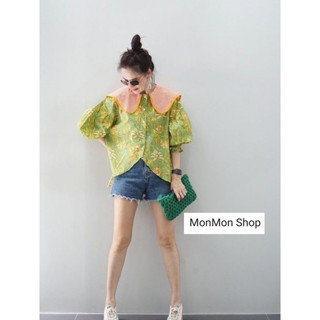 ~MONMONSHOP😊MON6894～ Floral printed Indian Block Cotton Vintage Blouse เสื้อผ้าบล็อคคอตตอนอินเดีย ดีไซน์คอปกระบายตัดต่อส