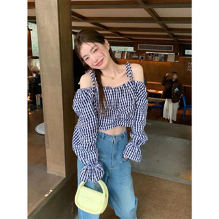 [พร้อมส่ง] 🌷  T377 เสื้อปาดไหล่ลายสก็อต สไตล์เกาหลี