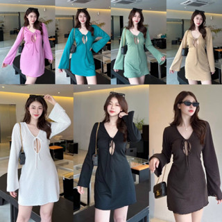 เดรสแขนแขนยาวเว้าอก -LULU KNIT MINIDRESS- มินิเดรสน่ารักๆคอกลมผูกอกได้ผ้าดีมาก สาวอวบ ป้าย Sheeny. (แขนยาว)