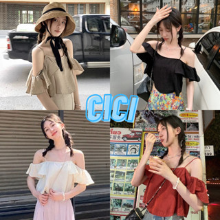 Cici(NO.01693)เสื้อครอปสายเดี่ยวปาดไหล่ ดีเทลเเต่งระบายช่วงเเขน ใส่สบายสไลต์คุณหนู