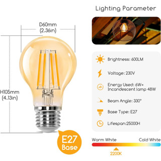 หลอดไฟ LED Filament , 2700K， A60 หลอดไฟ Retro สีเหลืองอำพัน หลอดไฟ LED