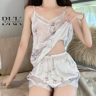 ชุดนอน ชุดนอนซาติน ชุดนอนเสื้อกางเกง 💖 ไซต์ XS-5XL นน >40-100 kg มาในแบบลายดอกไม้เสื้อกางเกงเข้าเซ็ตในชุดเดียว B-024