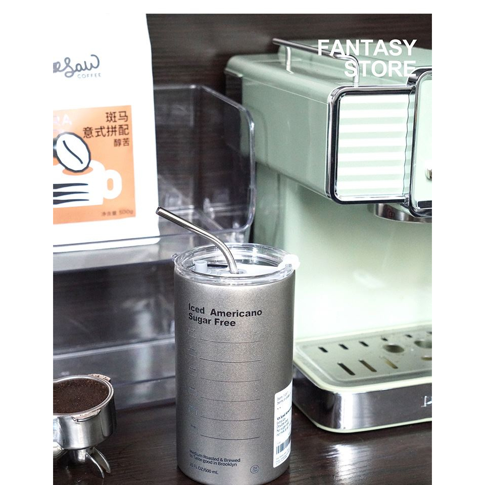 E26 แก้วเก็บความเย็น 600ml เก็บความร้อน สแตนเลส 304 แก้วกาแฟ กระติกเก็บความเย็น coffee cup stainless แถมหลอดสแตนเลส gray