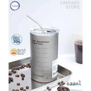 E26 แก้วเก็บความเย็น 600ml เก็บความร้อน สแตนเลส 304 แก้วกาแฟ กระติกเก็บความเย็น coffee cup stainless แถมหลอดสแตนเลส gray