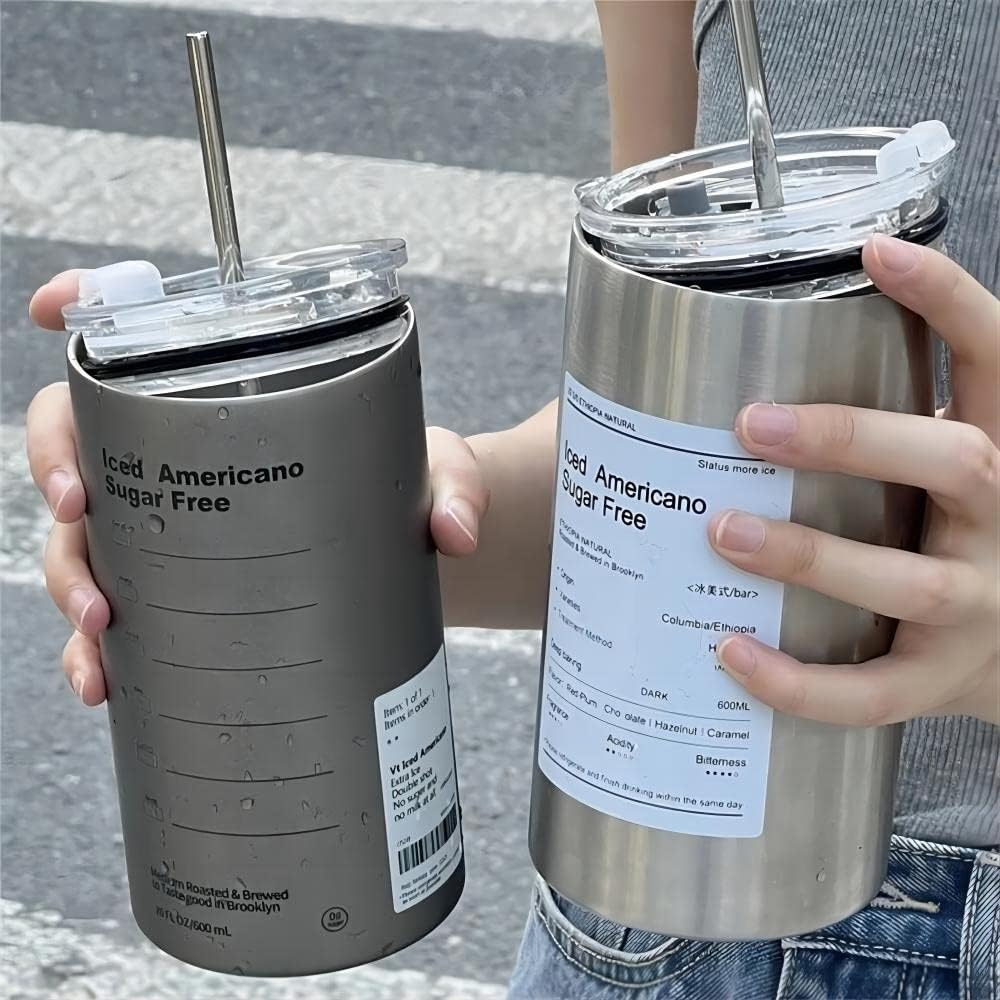 E26 แก้วเก็บความเย็น 600ml เก็บความร้อน สแตนเลส 304 แก้วกาแฟ กระติกเก็บความเย็น coffee cup stainless แถมหลอดสแตนเลส gray