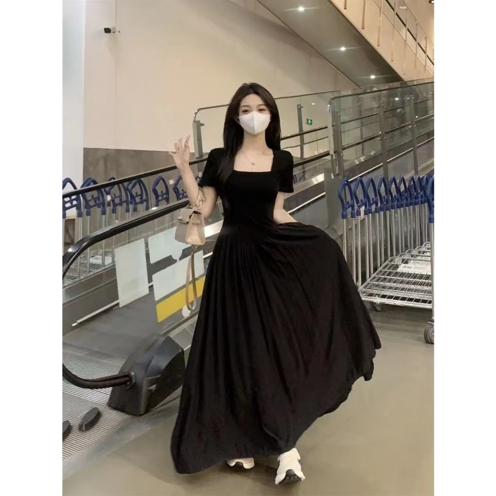 🌙ชุดเดรส,🌙ฤดูร้อน 2024ใหม่ Hepburn สไตล์แขนสั้นบางชุดผู้หญิงการออกแบบระดับไฮเอนด์ความรู้สึกเอว A-line กระโปรงยาว - รูปที่ 3