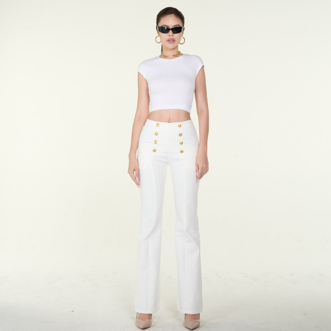 MOTTOM - WHITE OCTAVE JEANS ไวท์ อ็อคเทฟ กางเกงยีนส์ผู้หญิงทรงเอวสูงขาม้า กระดุม 8 เม็ด สีขาว