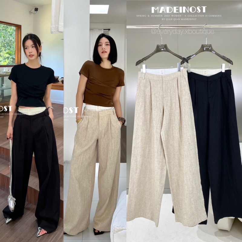 MADE LINEN TROUSERS🥟(S,M 790฿ฟรีส่ง) กางเกงขายาวผ้าลินินแท้ แบบหนาไม่บาง แต่งของเอวบนเป็นขอบboxer t.