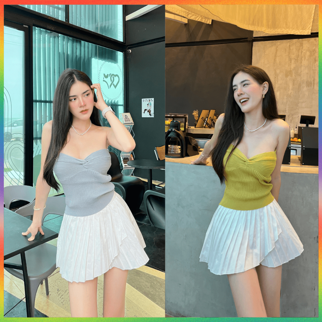 MesubShop เสื้อเกาะอก ช่วงอกแต่งดีเทลบิด ผ้าไหมพรมยืด ช่วงชายเสื้อมีจั้มเอวให้ เซ็กซี่ปนหวานสุด รุ่น ลูกพีช