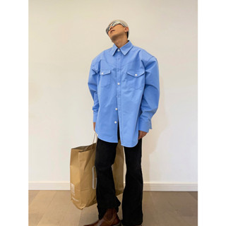 BAOLONGXIN เสื้อเชิ้ตแขนยาวผู้ชาย Oversize Blue Loose Pad