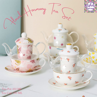 Violet Flamingo ชุดกาน้ำชาแบบใสมีตัวกรองชาพร้อมแก้วและจานรอง ชุดน้ำชารุ่น Floral Harmony Tea Set