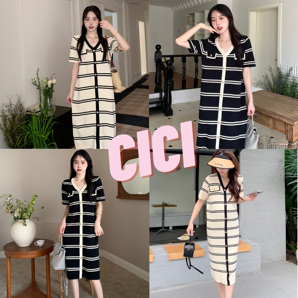 ส่งทันที Cici(NO.  B5395)เดรสยาวแขนสั้นลายทาง ผ้าไหมพรม ดีเทลกระดุมเเต่ง ใส่แล้วดูดีมีสไตล์