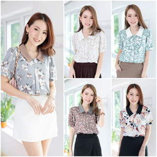 Narinari : MT2604 Point Collar Blouse เสื้อทำงานแต่งสาบหน้า