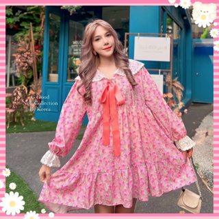 Rose Dress พร้อมส่ง เดรสคอบัวลายดอกไม้ โทนสีขมพู แขนยาว คนท้องใส่ได้ สีสวยลายชัด น่ารักมาก งานป้าย