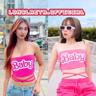 Barbie crops เสื้อเกาะอกผูกสายด้านหลังสีชมพูบาร์บี้สกรีนลาย Baby Angel ป้าย by kim