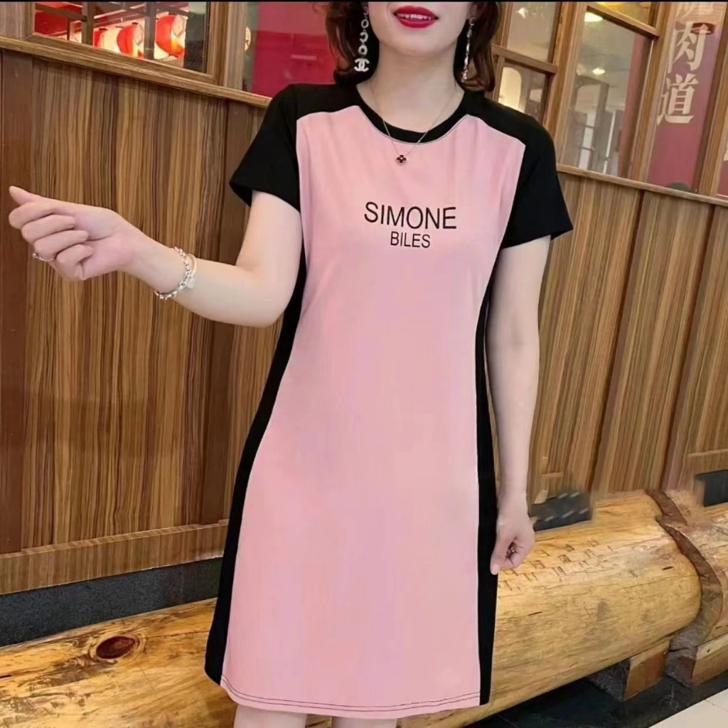 เดรสสั้นผู้หญิง คอกลม แขนสั้น สกรีนลายภาษาอังกฤษ ผ้ายืด ผ้าบางนิ่ม สวมใส่สบาย - รูปที่ 2
