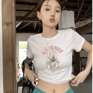 Luna shop🍑เสื้อผ้าเกาหลี🍒เสื้อยืดแขนสั้นลายแมวสไตล์อเมริกันเรโทรสำหรับผู้หญิง🚚พร้อมส่งจากกทม มาถึงใน 3-5 วัน