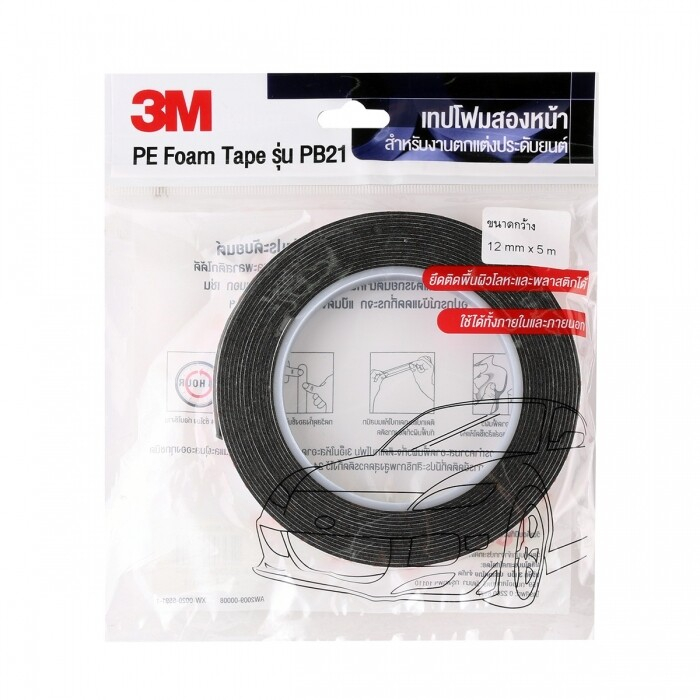 3M เทปโฟมหนา สองหน้า ประดับยนต์ สีดำ กว้าง 24มม. /12 มม. x 5เมตร สำหรับงานตกแต่งประดับยนต์ รุ่น PB