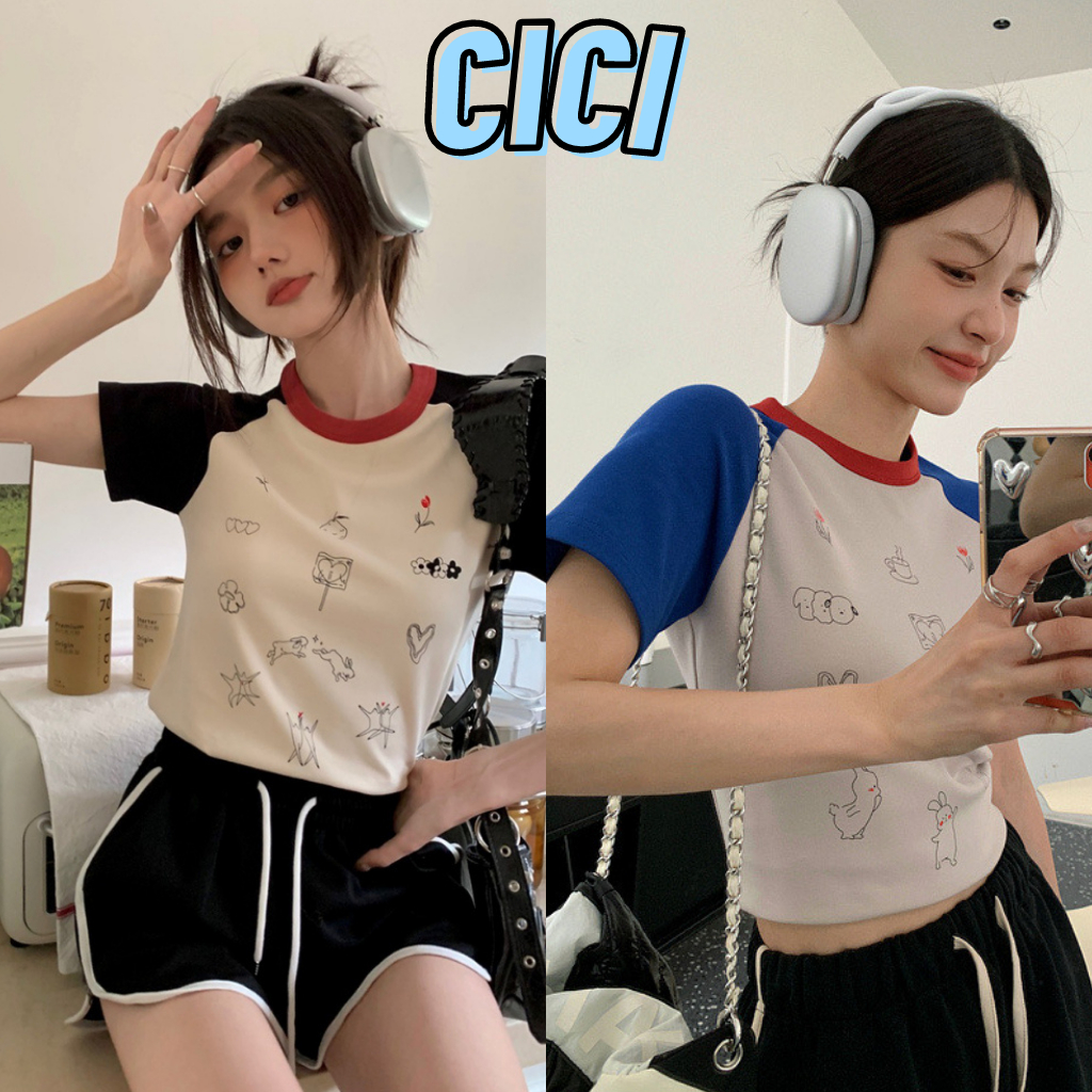 ส่งทันที Cici(NO. 8305)เสื้อครอปคอกลมสีทูโทน ทรงสลิมฟิต ลายน่ารักตะมุตะมิแบบตัวแม่Y2K