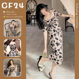 ꕥCatalog Fashionꕥ ชุดเดรสยาวสไตล์วินเทจ พิมพ์ลายดอกไม้ดำ