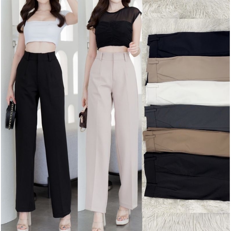 กางเกงเอวสูงขากระบอกเนื้อผ้าโรเชฟ#12