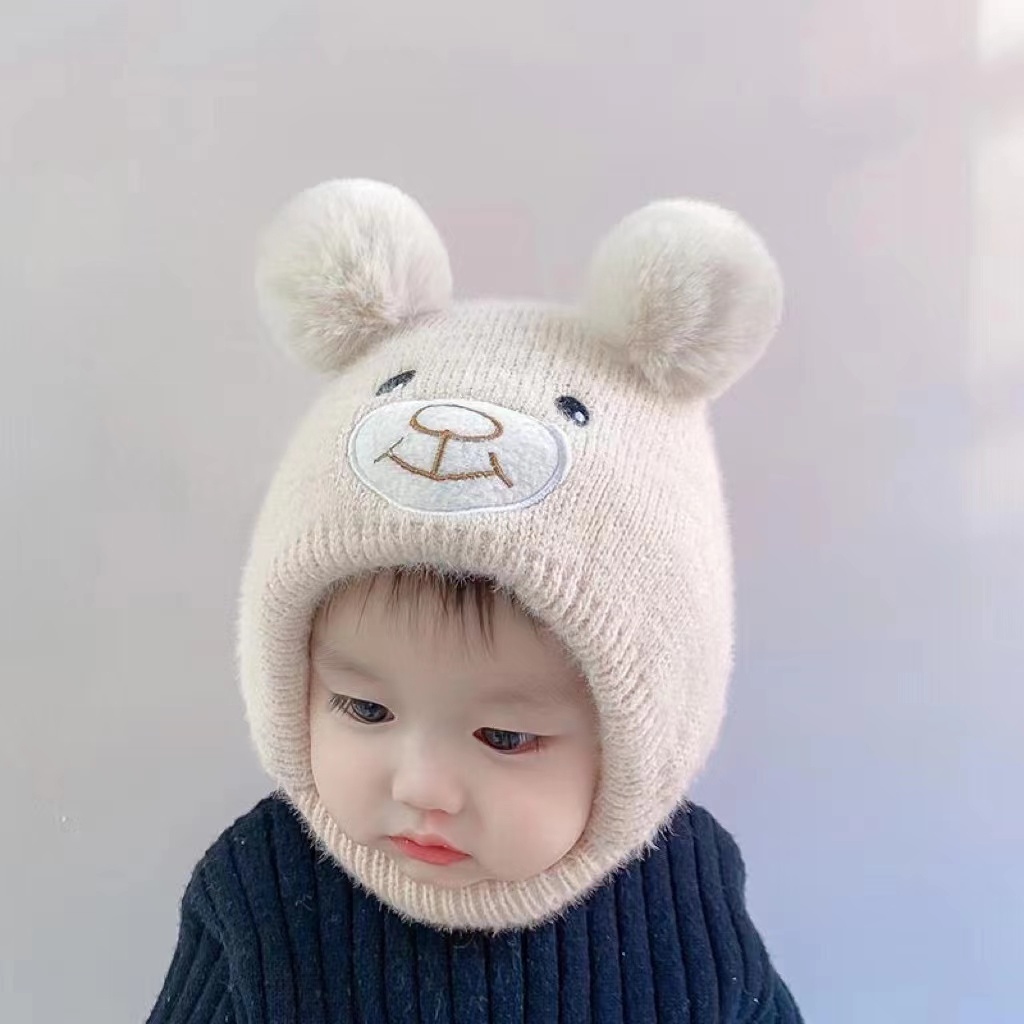 B6 หมวกเด็ก 2เดือน-2ปี รอบหัว:40-50 cm. หมวกไหมพรมแบบผูกคาง แต่งลายหมี หมวกแฟชั่นเด็ก