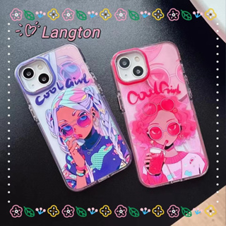 🌈Langton🌸ป้องกันการหล่น ขอบเต็ม iphone 11 14 pro max การ์ตูน สีชมพู เส้นขอบโปร่งใส รุ่นคู่ สีม่วง case for iPhone 12 13