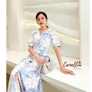 Camellia:เดรสผ้าพิมลายแต่งลูกไม้สีครีมที่ปกเสื้อ(*สอบถามสต๊อกก่อนกดสั่งน๊า)