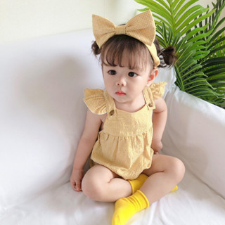 Babyonline(Y436)k3 ชุดบอดี้สูทเด็กผู้หญิงลายสก็อตพร้อมโบว์คาดผมสุดน่ารัก ผ้าฝ้าย สำหรับเด็กแรกเกิด-1ปี