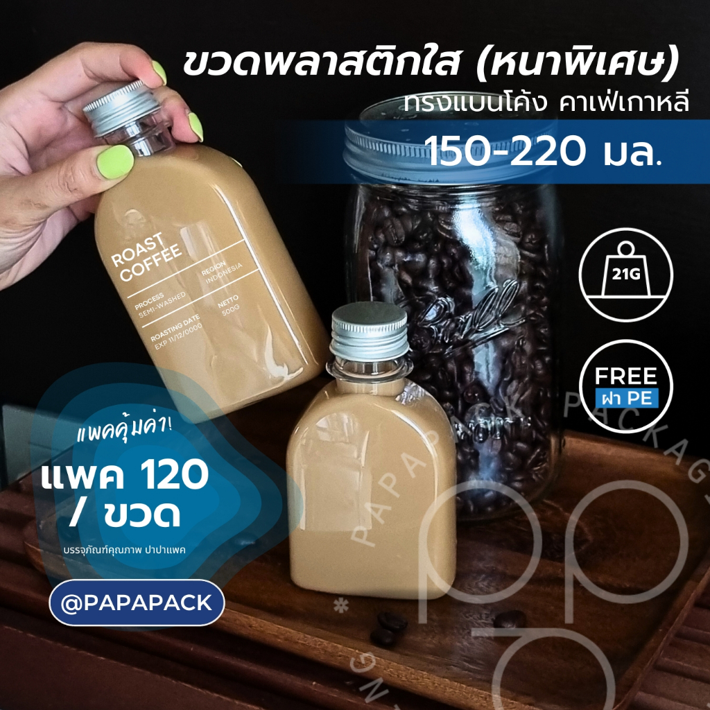 ขวดแบนเรียบ Papapack ทรงเกาหลี หนาพิเศษ สำหรับชานม กาแฟ (แพ็ค 120)