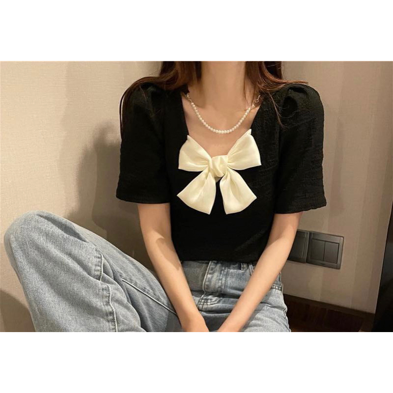 เสื้อหน้าโบว์+สร้อยมุก