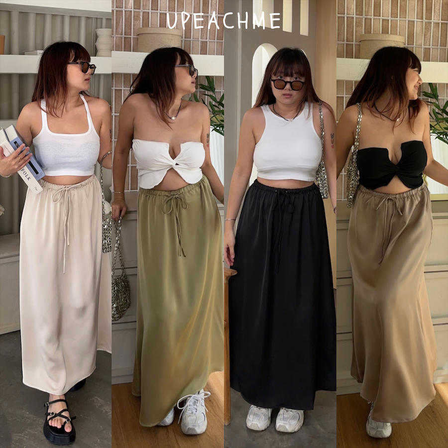 upeachme(C1.2) SATIN SKIRT (เอว-36") กระโปรงยาวผ้าซาตินงานเกาหลี ให้ฟีลลูกคุณสุดๆ ใส่คู่กับบิกินีฉบับตัวแม่ได้เลย