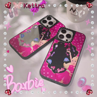 💜Kettra💜การ์ตูน Barbie doll สีชมพู พื้นผิวกระจก ขอบดำ iPhone 11 14 pro max ป้องกันการหล่น ขอบเต็ม case for iPhone 12 13