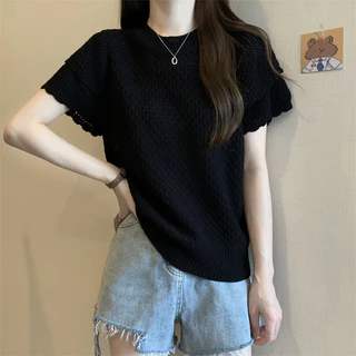 shop_sc เสื้อไหมพรมแขน2ชั้น เสื้อยืดแฟชั่นหญิงสีพื้นคอกลม รุ่น1021