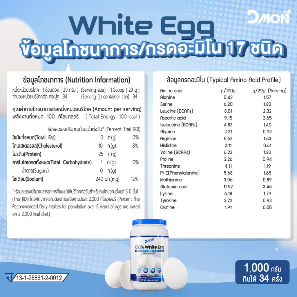 ไข่ขาว โปรตีนไข่ขาว ไข่ขาวผง รสธรรมชาติ 1กระปุก ขนาด 1,000 กรัม thumbnail 9