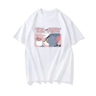 เสื้อยืดแขนสั้นผู้ชาย Tom and Jerry สไตล์ตลกขาวดำน่ารัก