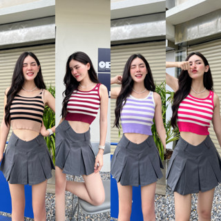 🌈 SpinnyHouse 🌈ครอปเสื้อกล้าม ถักทอลายทาง ผ้าไหมพรม 🧼 ยืดเยอะน้า ช่วงปลายเสื้อมีจั้มเอวให้ งานสไตล์เกาหลี รุ่น ขนมชั้น