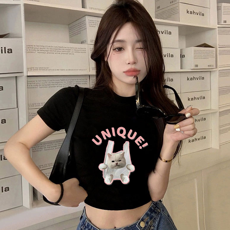 cherryshop พร้อมส่ง เสื้อยืด เสื้อยืดแขนสั้นพิมพ์ลายน่ารักแบบยาวและสั้น