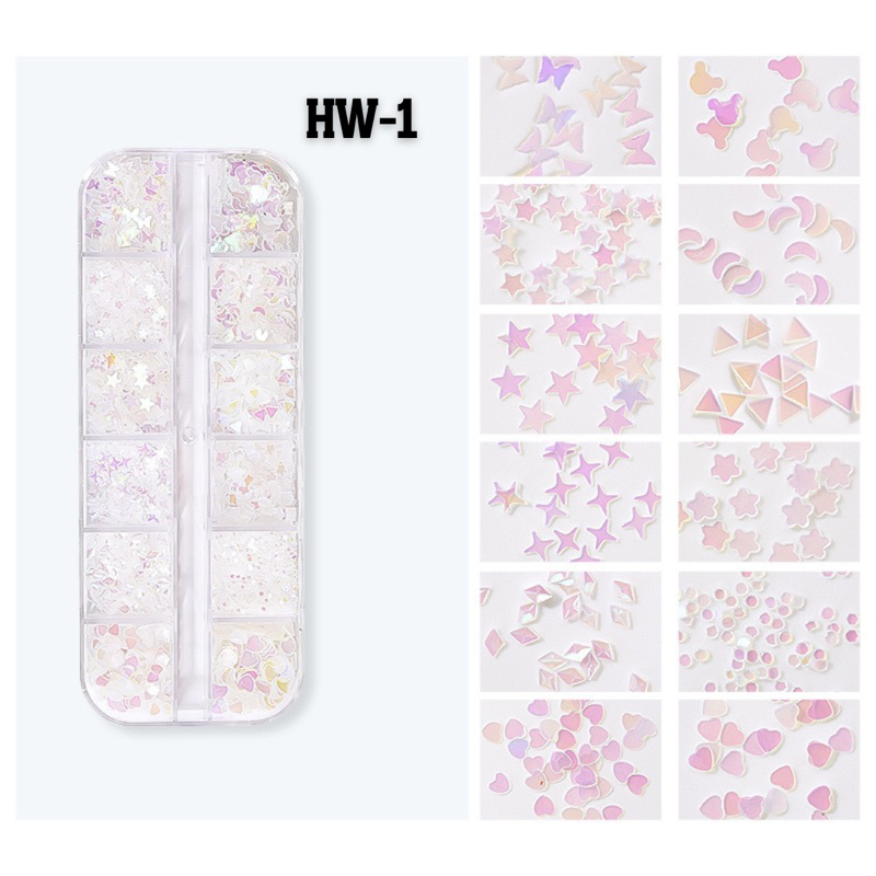 จิวเวลรี่ แต่งเล็บ สีรุ้ง คละลาย ดาว หัวใจ รูปยิ้ม วงกลม HW 1-2 ตลับยาว 12ช่อง
