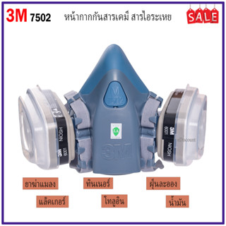 หน้ากากกันสารเคมี 3M รุ่น 7502 พร้อมตลับ 6001,แผ่นกรอง 5N11 ป้องกันกลิ่น ทินเนอร์ น้ำมัน พุ่นสี พ่นยาฆ่าแมลง