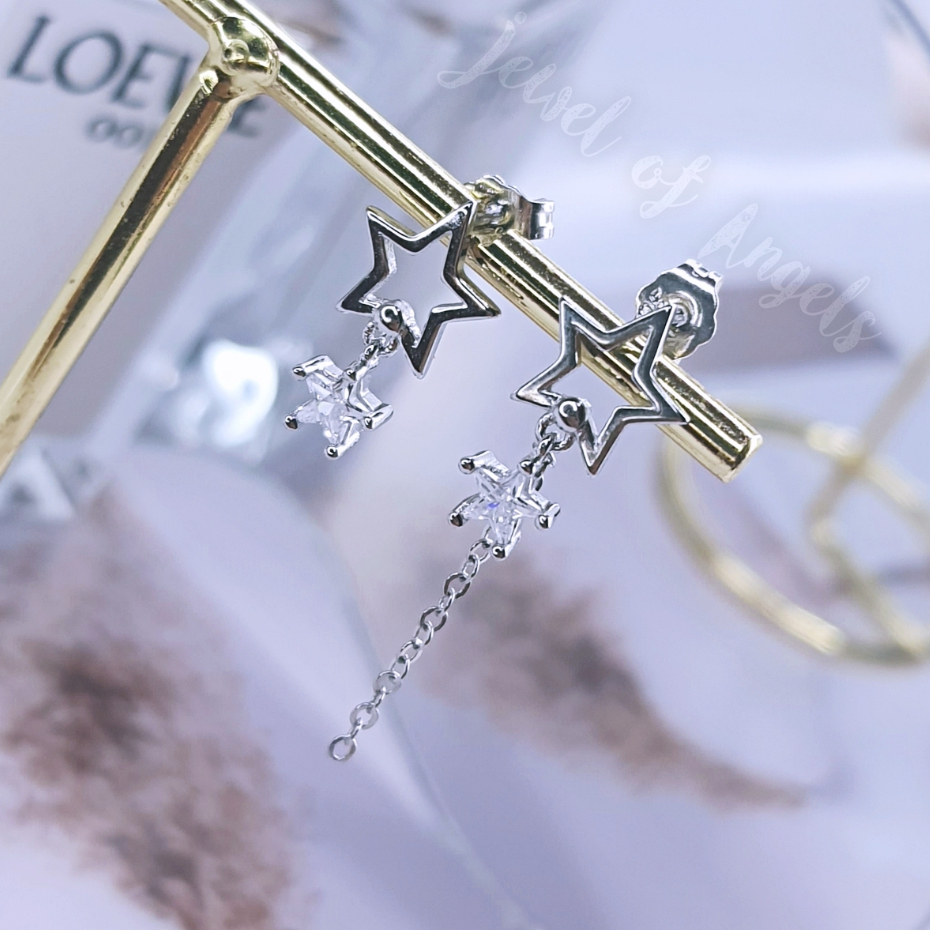 [พร้อมส่ง] ต่างหูก้านเงินS925 ต่างหูดาว เพชรCZ แต่งโซ่ยาว สีเงิน Silver925 ตุ้มหูก้านเงิน แฟชั่น มินิมอล
