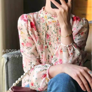 🎀พร้อมส่ง🎀เสื้อเชิ้ตแขนยาวลายดอกไม้กุหลาบสีหวานละมุน เสื้อลายดอกไม้ออกงาน
