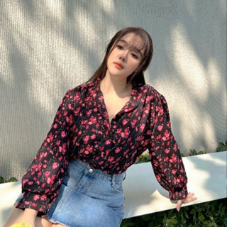 𝗣𝗢𝗣𝗣𝗬 𝗦𝗛𝗜𝗥𝗧 - เสื้อเชิ้ต Oversize คอจีนลายดอก จับจีบที่ไหล่เพิ่มความน่ารัก เนื้อผ้าดีใส่สบาย