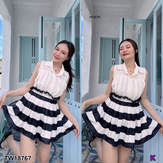 J18767 set 2ชิ้น เสื้อคอเชิ้ตจับจีบอก + กระโปรงสั้นลายริ้ว 2-piece set: shirt with pleated neckline + striped mini skirt