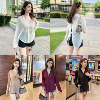 เสื้อเชิ้ตแขนยาว ผ้าชีฟองดีเทลผูกหลัง สุดเก๋ แต่งกระเป๋าหน้า มี 4 สีให้เลือก